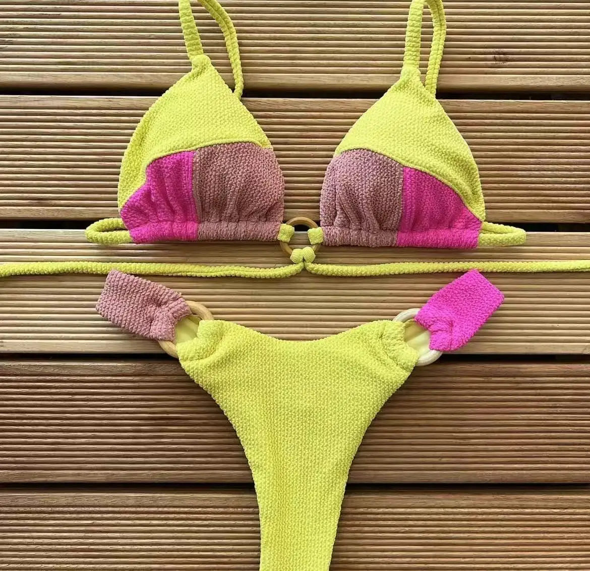 Sexy Push Up Neon Green Tassel Drawstring Side Thong Swimsuit Swimwear Bathing Suit