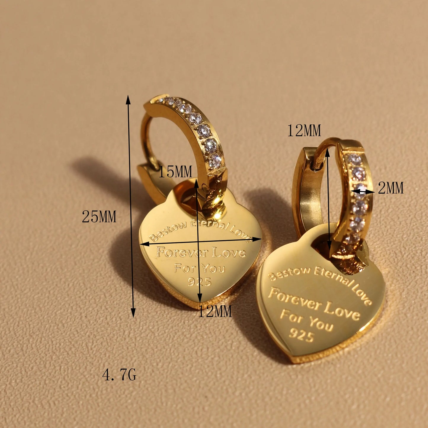 Women Heart Pendant Women Zircon Stainless Steel Gold Color Charm Earrings