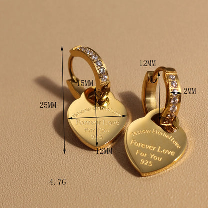 Women Heart Pendant Women Zircon Stainless Steel Gold Color Charm Earrings