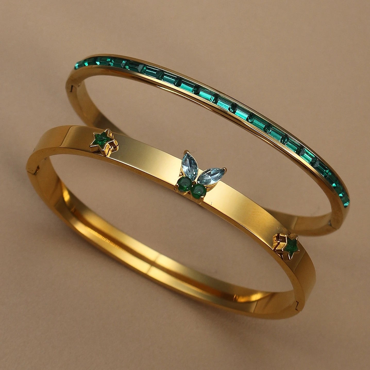 Women's Stainless Steel Green Crystal Gold Color Bracelet Bangle