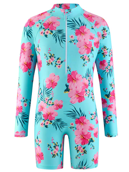 Girls Kids One Piece Long Sleeve Floral Print Beach Swim Rash Guard Boyleg Shorts Swimwear