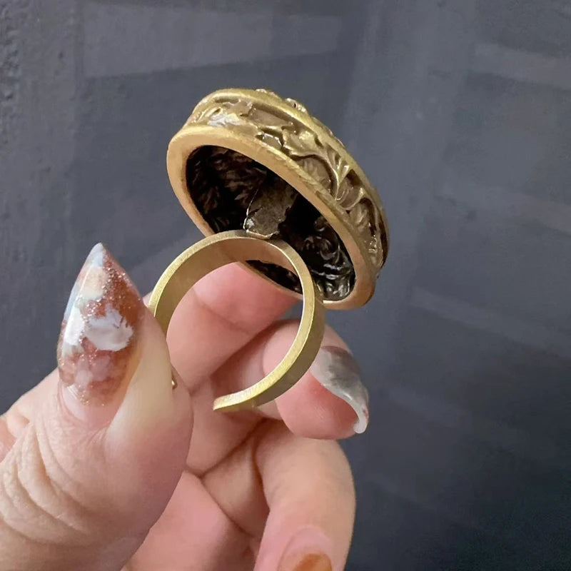 18K Gold-Plated Women Hand-Carved Floral Enamel Vintage Art Deco Ring