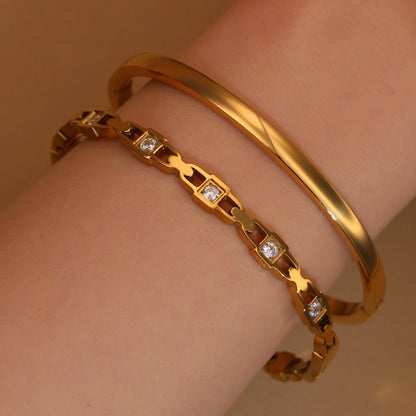 2-in-1 Geometric Zircon Design 18K Gold Plated Stainless Steel Bracelet Bangle