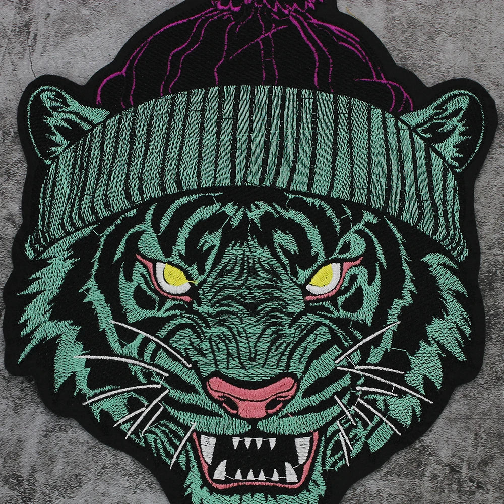 Green Dark Tiger Head Iron on Embroidery Patches for Clothes Applique Cool Badge DIY Craft
