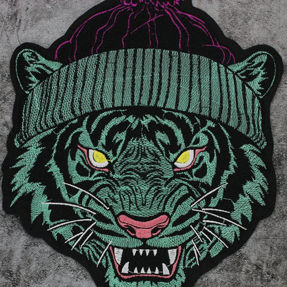 Green Dark Tiger Head Iron on Embroidery Patches for Clothes Applique Cool Badge DIY Craft