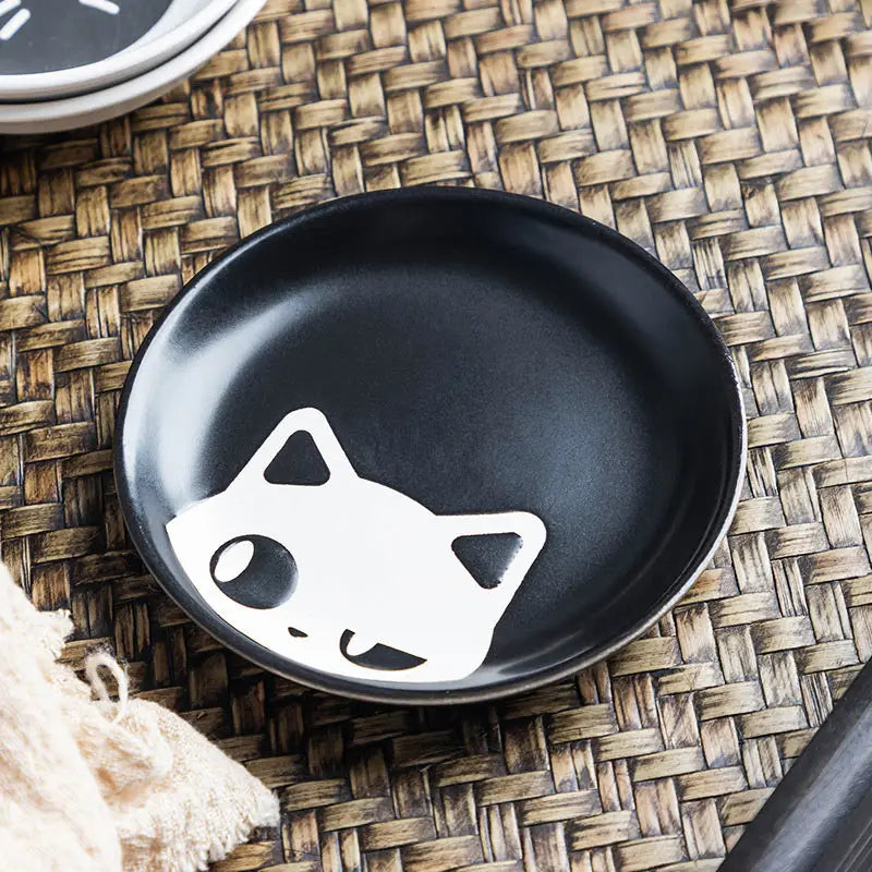 Ceramic Cartoon Cat Japanese Soy Sauce Vinegar Roast Meat Dip Round Snack Plate Bowl Dishes