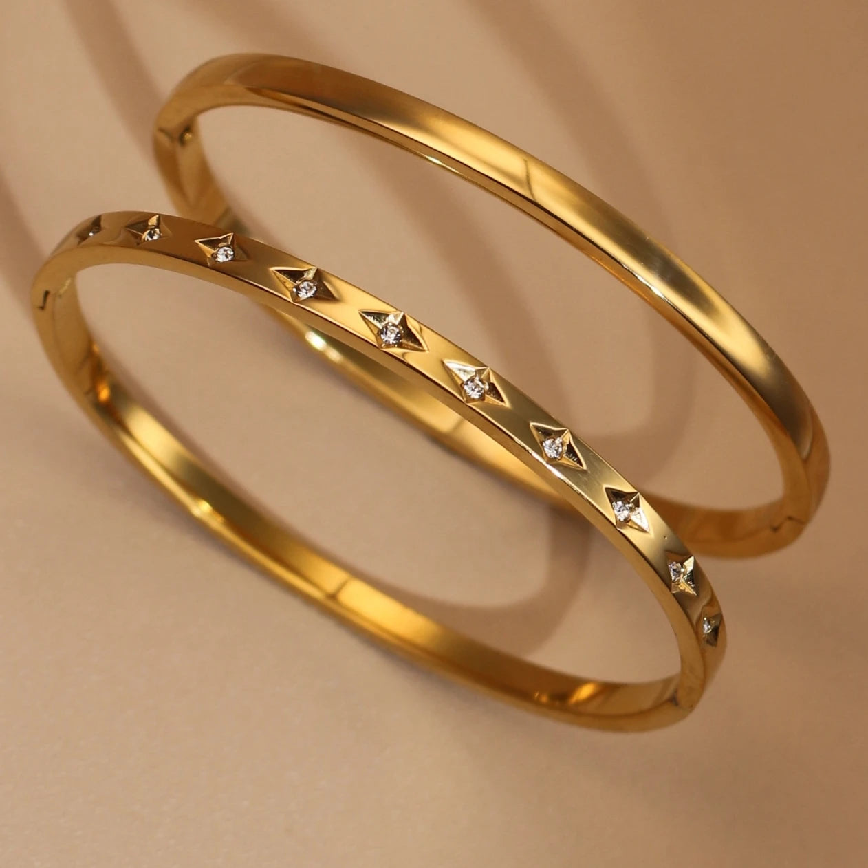 2-in-1 Women 18 K Gold Plated Zircon Stainless Steel Curved Bracelet Gift Bangle