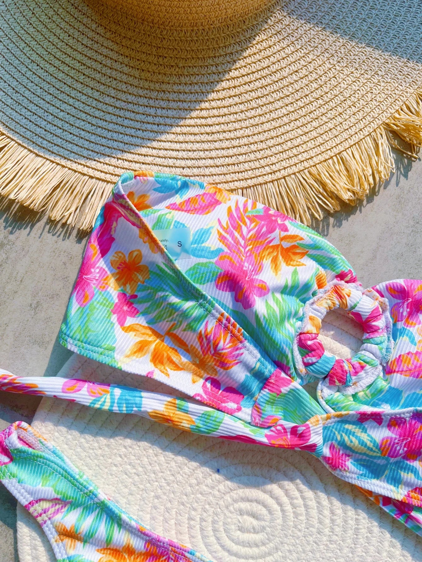 Women Plant Printed Bandeau High Leg Cut Bikini Swimwear Swimsuit Two-pieces Bathing Suit