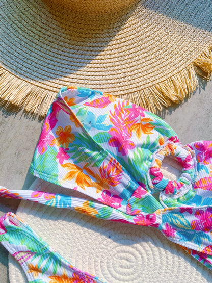 Women Plant Printed Bandeau High Leg Cut Bikini Swimwear Swimsuit Two-pieces Bathing Suit