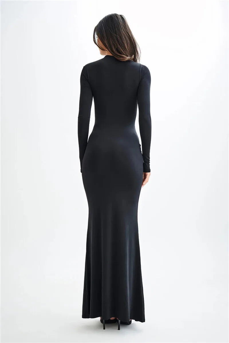 Women Diagonal Collar Long Sleeve Maxi Solid High Waist Ruched Bodycon Long Dress