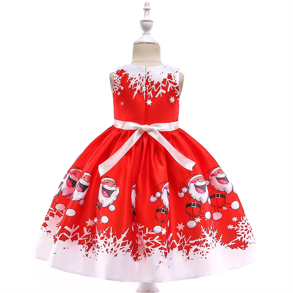 Kids Girls Princess Cartoon Santa Claus Snowflake Costume Xmas Party Print Dress