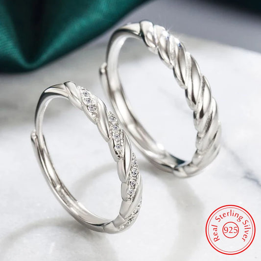 Women Men's 925 Sterling Silver Spiral Crystal Zircon Couple Bridal Wedding Rings