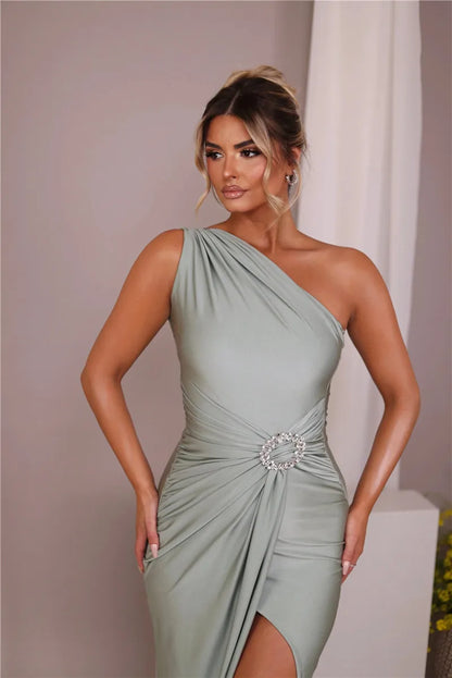 Women Shiny Brooch Inclined Shoulder Maxi Sleeveless Backless Elegant Split Long Dress