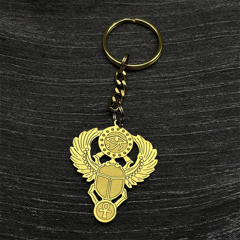 Key Of Life Egyptian Scarab Eye of Ra Horus Symbol Stainless Steel Gold Color Pendant Necklace
