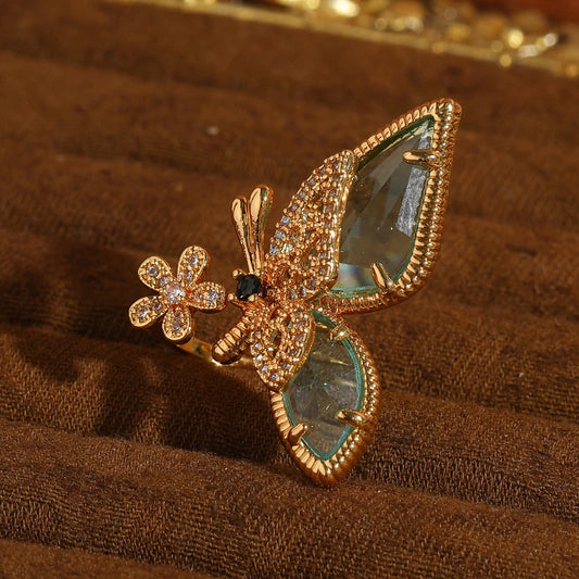 ﻿ Vintage Glass Butterfly Women Rhinestone Gold Color Crystal Designer Wedding Rings