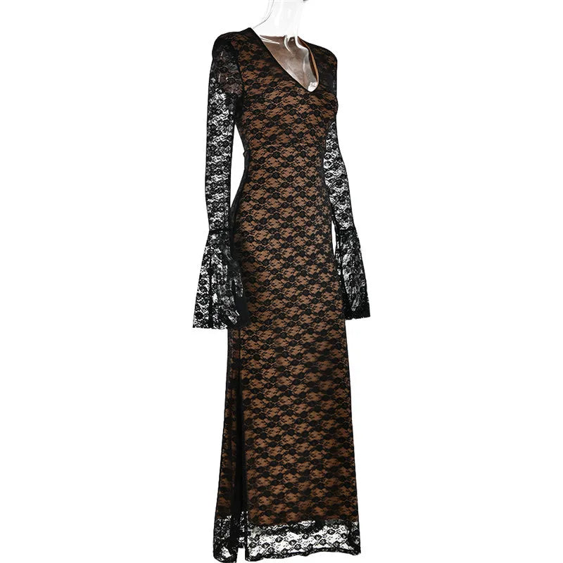 Elegant Lace Long Sleeve Maxi Fashion Deep V Neck Bodycon Party Long Dress