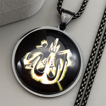 Men Women Stainless Steel Gold Color Islamic Muslim Amulet Arabic Allah Shine Glass Pendant Necklace