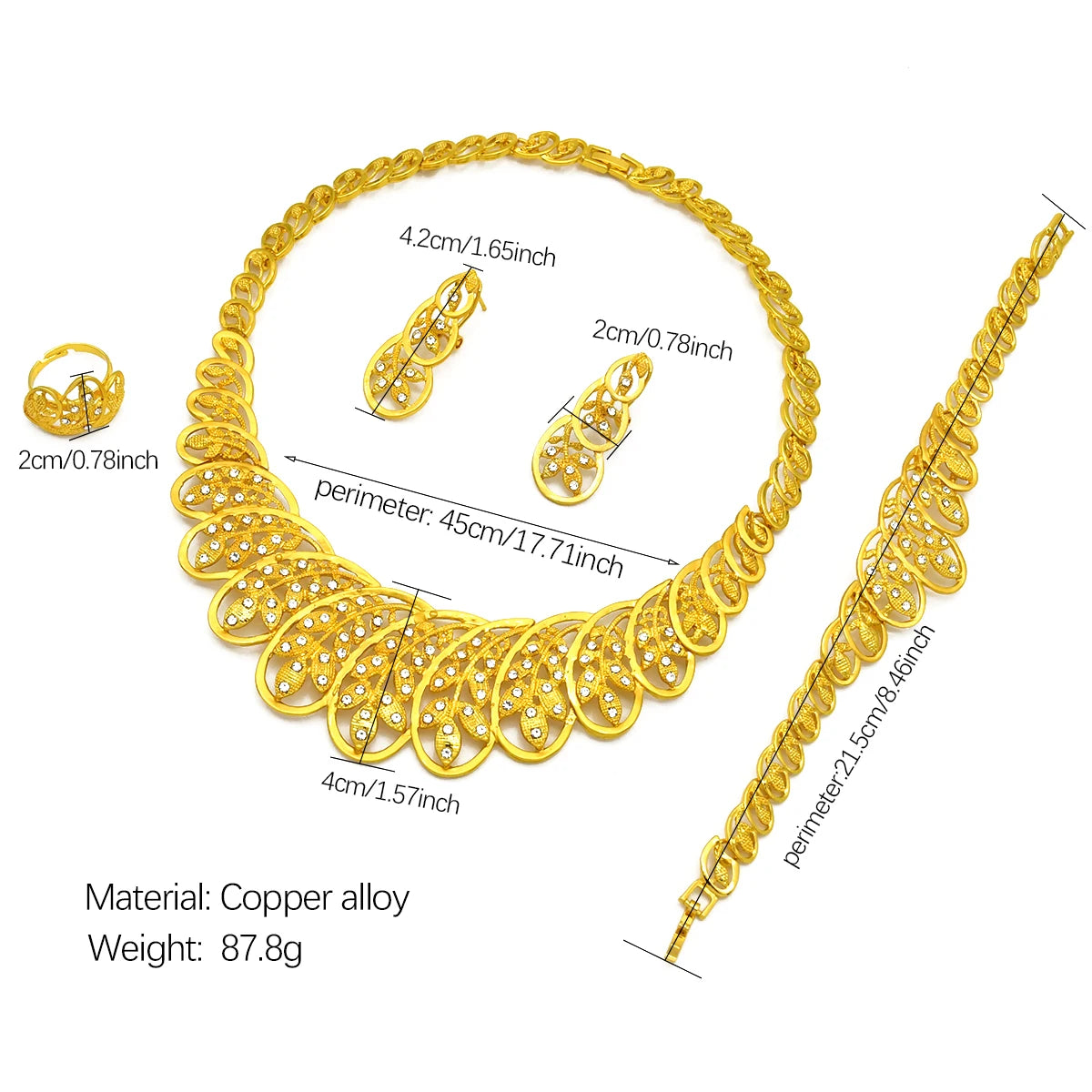 Women Wedding Dubai African Indian Flower Gold Plated Necklace Jewelry Sets