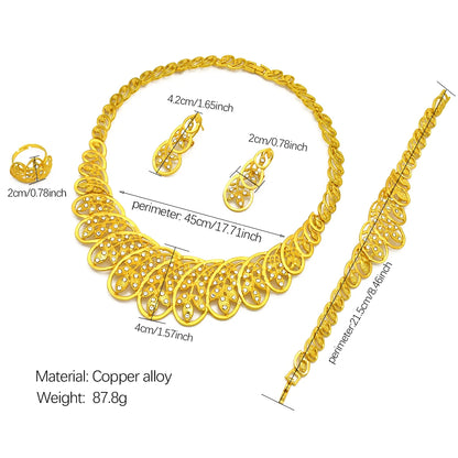 Women Wedding Dubai African Indian Flower Gold Plated Necklace Jewelry Sets
