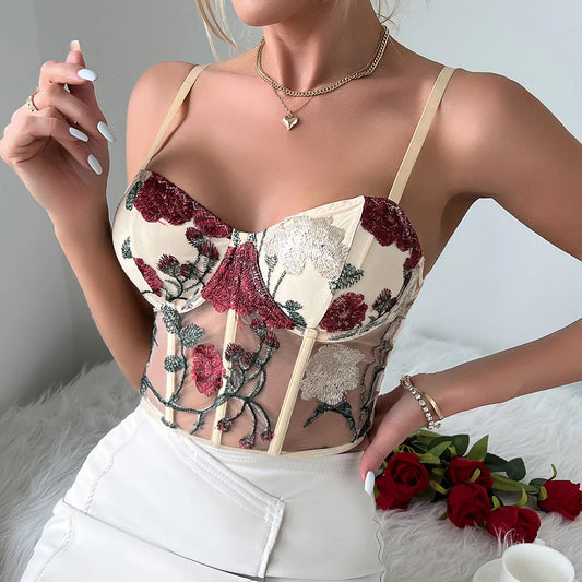 coquette lace corset vintage flower embroidery vest camis crop tops