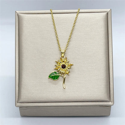 Women's Golden Sunflower Studded Zircon Pendant Necklace