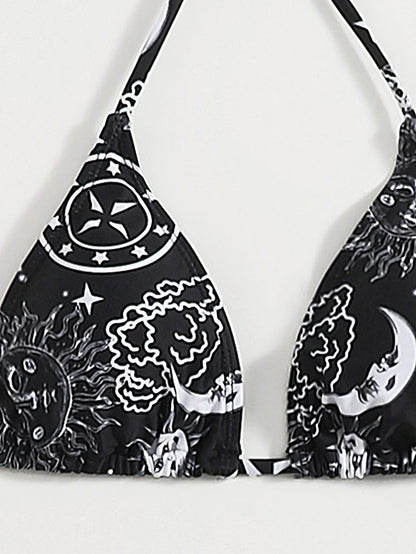 2pcs sexy gothic print triangle high waist thong Swimwear Set