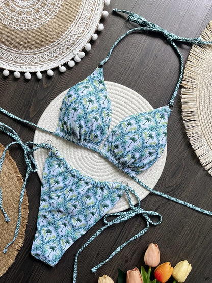 Sexy Triangle Coconut Tree Print Bikini Two-piece Halter Swimwear Brazilian  Bathing Suit