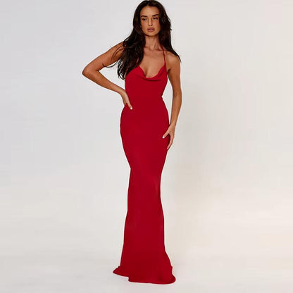 Women Fashion Halter Slip Maxi Slip Sleeveless Party Open Back Draped Long Dress