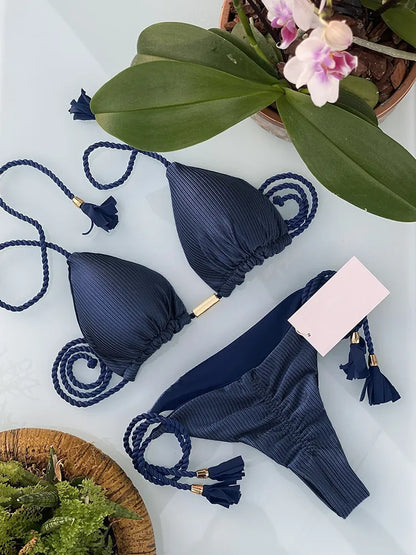 Woman Sexy Bathing Solid Triangle Adjustable Bandage Bikini Swimwear Swimsuit Beachwear