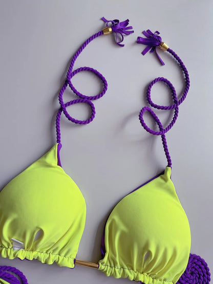 Sexy Solid color Braiding Rope Bikini Swimsuit Two-piece Triangle Swimwear Bathing Brazilian Suits
