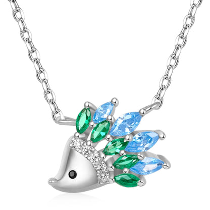 Women Elegant Fashion Design Blue Green Rhombus Crystal Hedgehog Pendant Necklace Gift