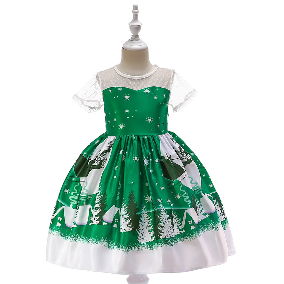 Kids Girls Princess Cartoon Santa Claus Snowflake Costume Xmas Party Print Dress