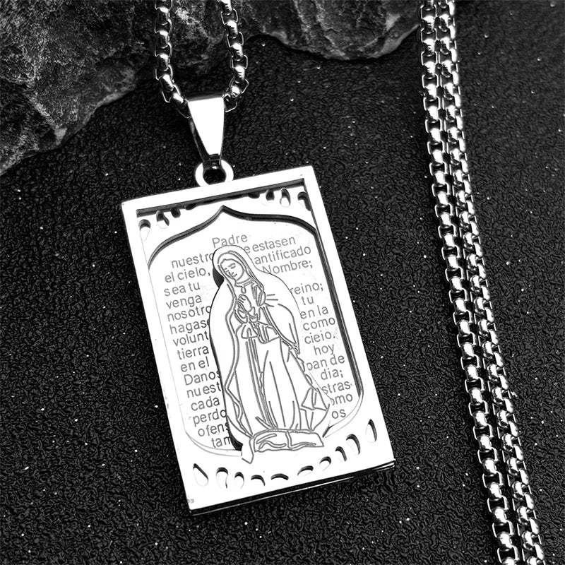 Men Stainless Steel Hip Hop Virgin Mary Medal Our Lady of Guadalupe Pendant Necklace