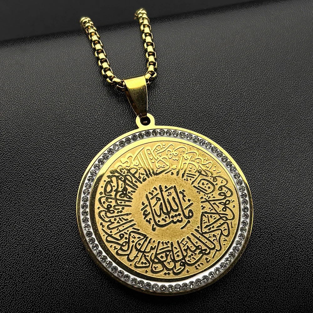 Men Women Stainless Steel Gold Color Arabic Letter Islamic Muslim Quran Amulet Rhinestones Pendant Necklace