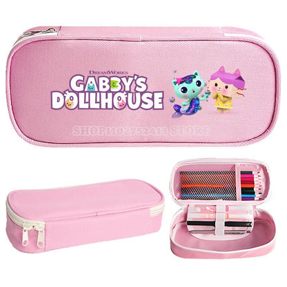 Gabby Dollhouse Kids Cartoon Large Capacity Double Layer Canvas Pencil Case Bag