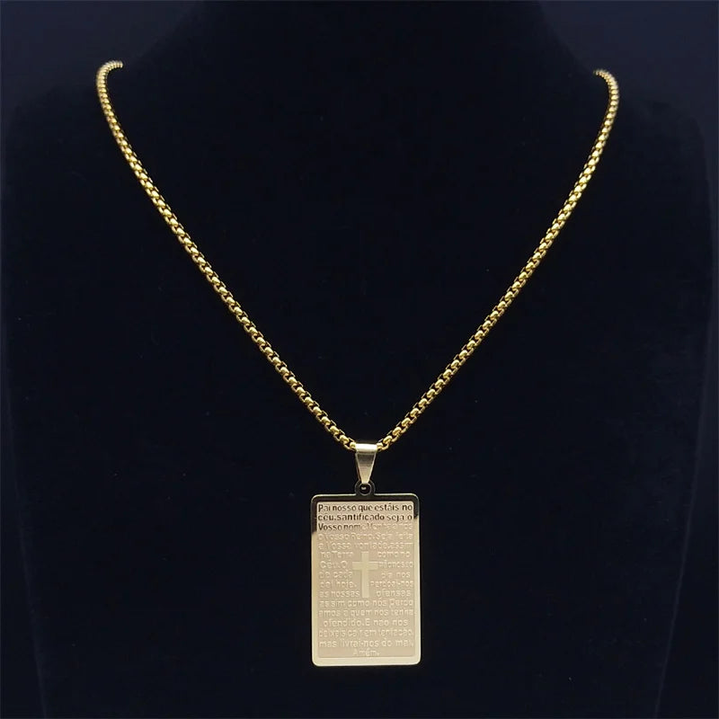 Men Women Stainless Steel Portuguese Religious Christian Cross Bible Verse Prayer Necklace