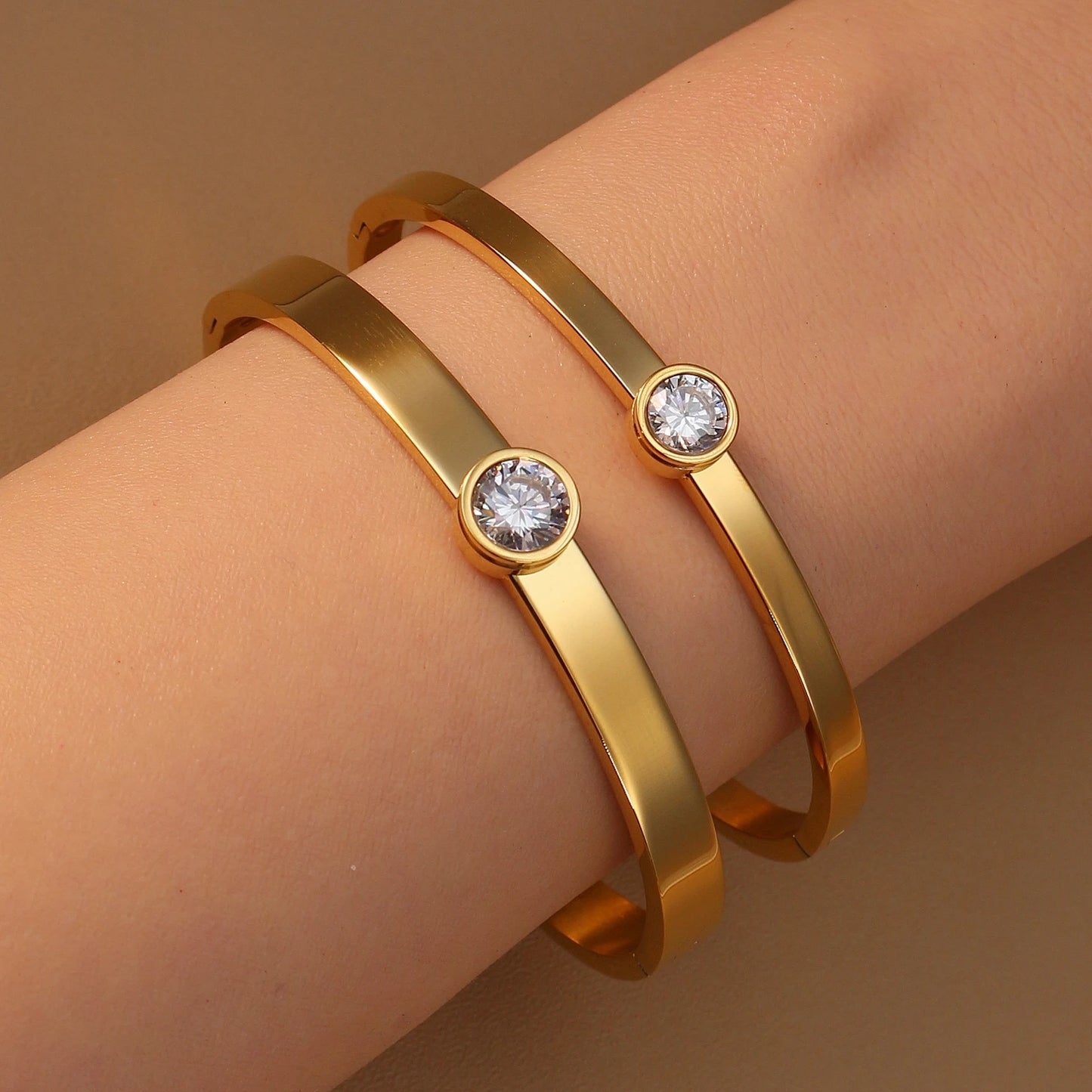 Women Roman Numeral 18k Gold Color Stainless Steel Zircon Bracelet Bangles