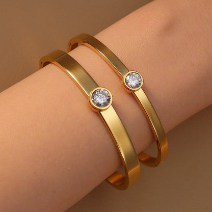 Women Roman Numeral 18k Gold Color Stainless Steel Zircon Bracelet Bangles