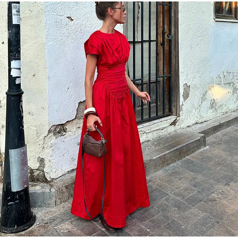 Women Red O-neck Pleated Maxi Fashion Short Sleeves High Waisted Evening Dress