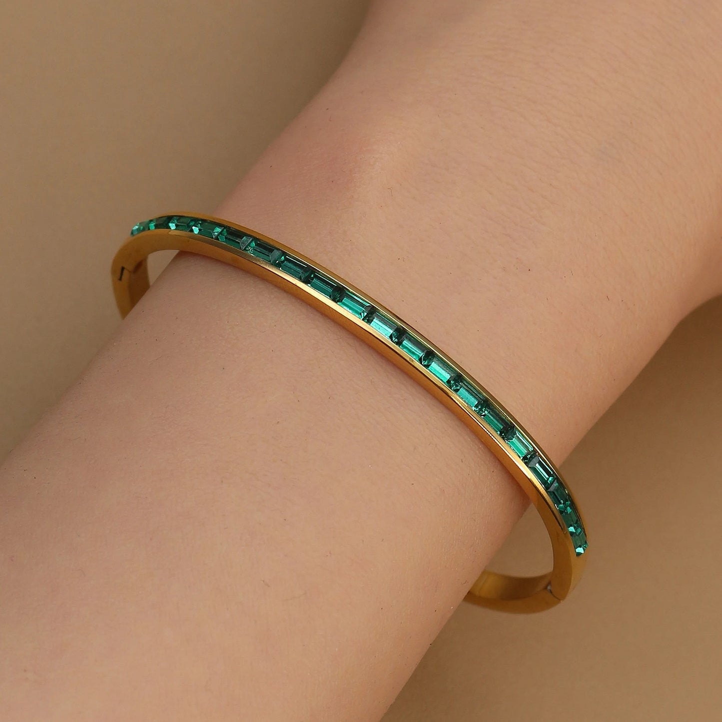 Women's Stainless Steel Green Crystal Gold Color Bracelet Bangle
