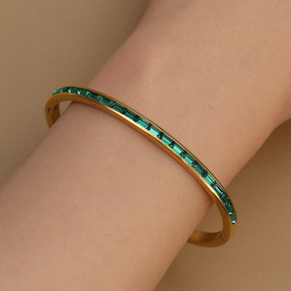 Women's Stainless Steel Green Crystal Gold Color Bracelet Bangle
