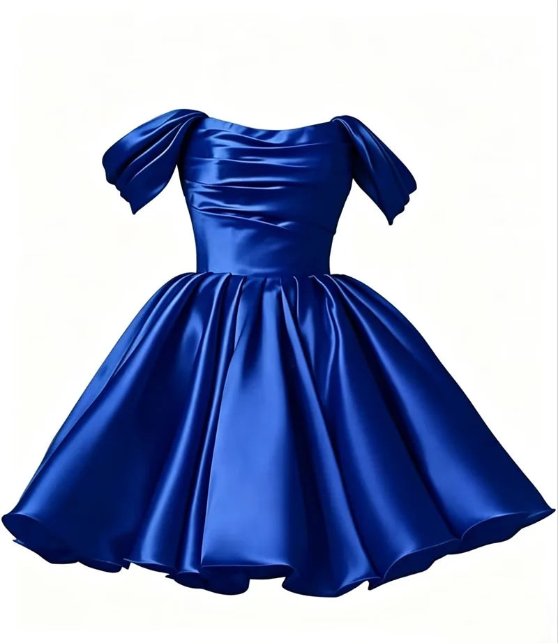 Women Off The Shoulder Satin Homecoming A Line Short Pleated Strapless Prom Evening Dress w/ Pockets