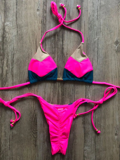 Sexy Halter Thong Micro Bikini Push Up Brazilian Tropical Plant Print String Mini Swimsuit
