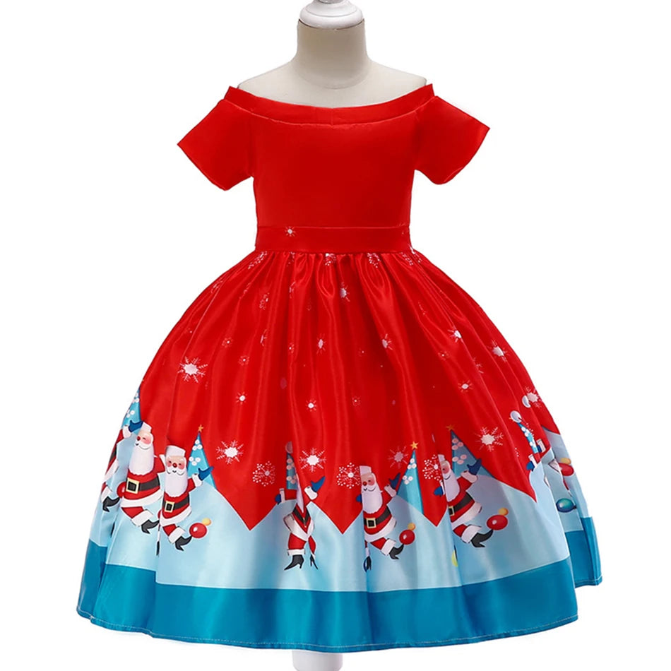 Kids Girls Princess Cartoon Santa Claus Snowflake Costume Xmas Party Print Dress