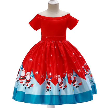 Kids Girls Princess Cartoon Santa Claus Snowflake Costume Xmas Party Print Dress