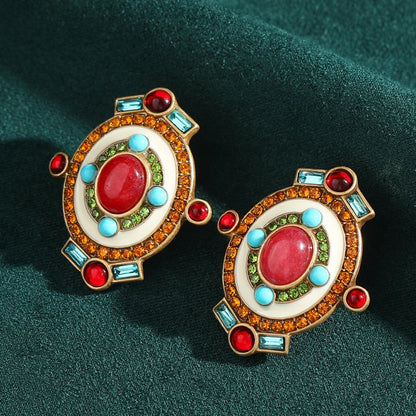 Ethnic Style Bohemia Red Natural Stone Oval Shape Vintage Crystal Antique Earrings