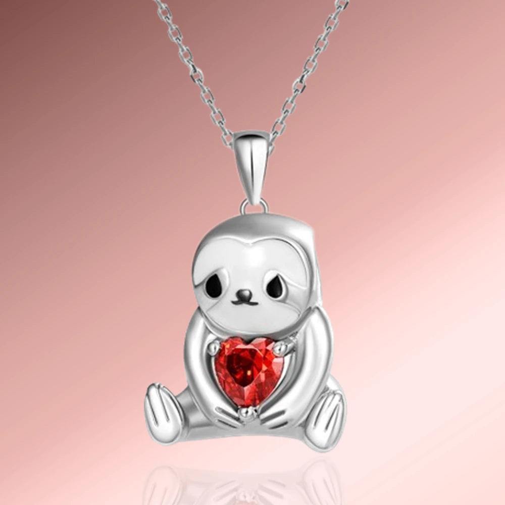 Women Sparkling Red Crystal Animal Cartoon Sloth Pendant Necklace