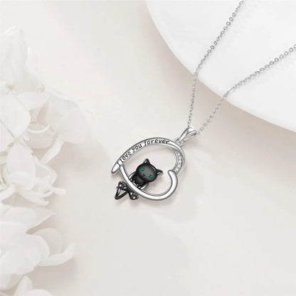 Men Women Mystery Black Cat Lovers Heart-shaped Fashion Pendant Necklace