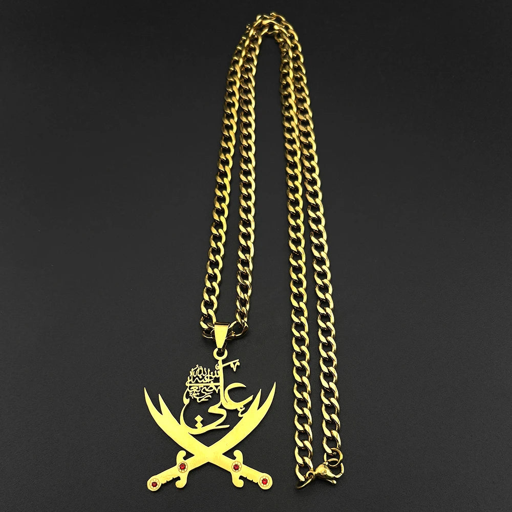 Men Women Stainless Steel Arabic Rhinestones Imam Ali Sword Muslim Islam Chain Pendant Necklace