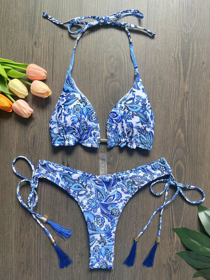 Sexy print bikini swimsuit split straps tassels 2-piece summer beach swimsuit Suit